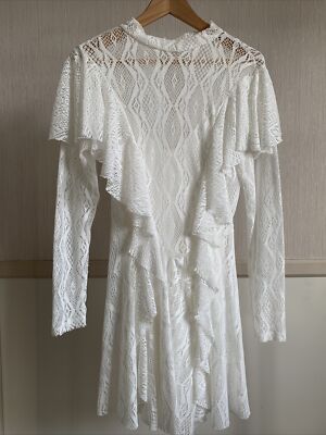 NWT Free People Victorian White High Neck Lace Crochet Ruffle Mini Dress  Small | eBay