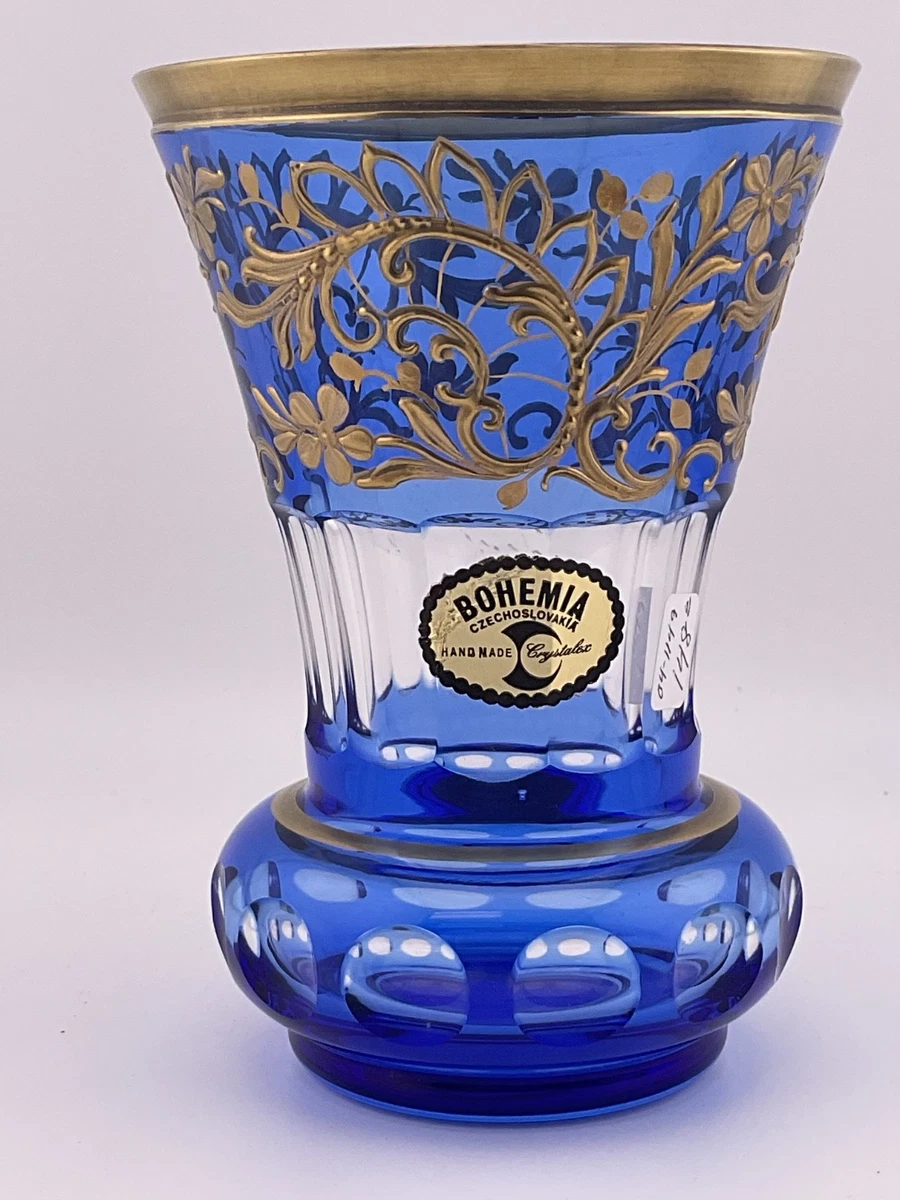 BOHEMIA made in CZECHOSLOVAKIA　vase Bohemia Czech Republic Cobalt Blue Glass Vase ~ White Water Lilies