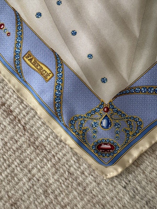 New Fabergé France Luxury Silk Scarf Jewels & Gems Blue White 45" Square