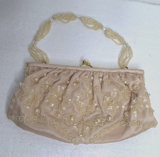 La Regale Satin Mesh Ivory Beaded Sequin Clutch Beaded Strap Evening Purse