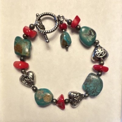 Turquoise Coral Beaded Charm Bracelet, Silver Toggle Closure, Bohemian Style
