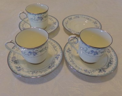 3 Noritake Bone China Williamston 9768 Footed Cup & Saucer Sets, Bonus Saucer
