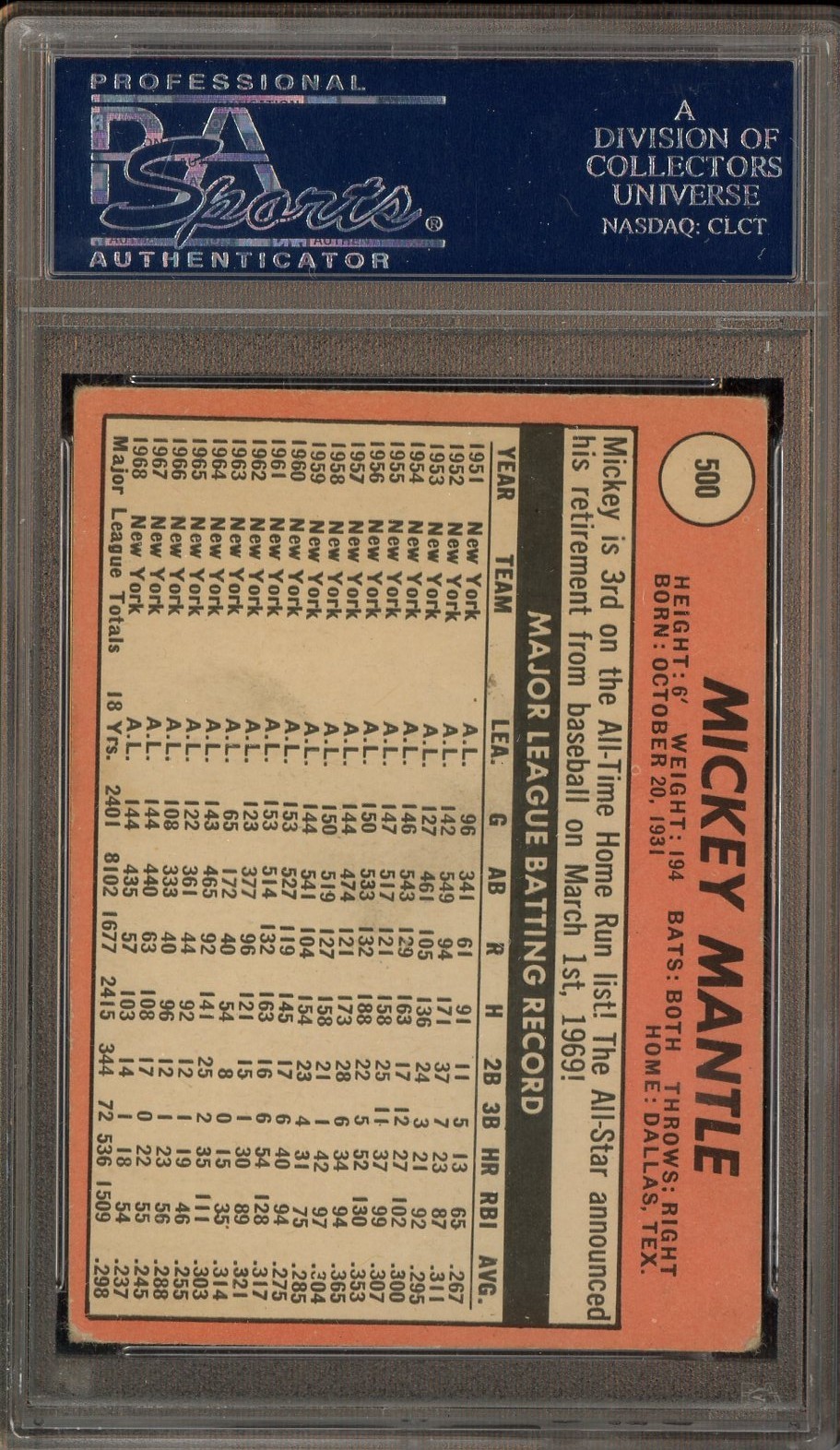 Mickey Mantle 1969 Topps #500 Last Name in Yellow Yankees HOF PSA 3 VG view 2