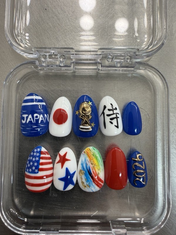 World Cup 2026 USA Japan Handmade Press On Nails Red White Blue , Almond