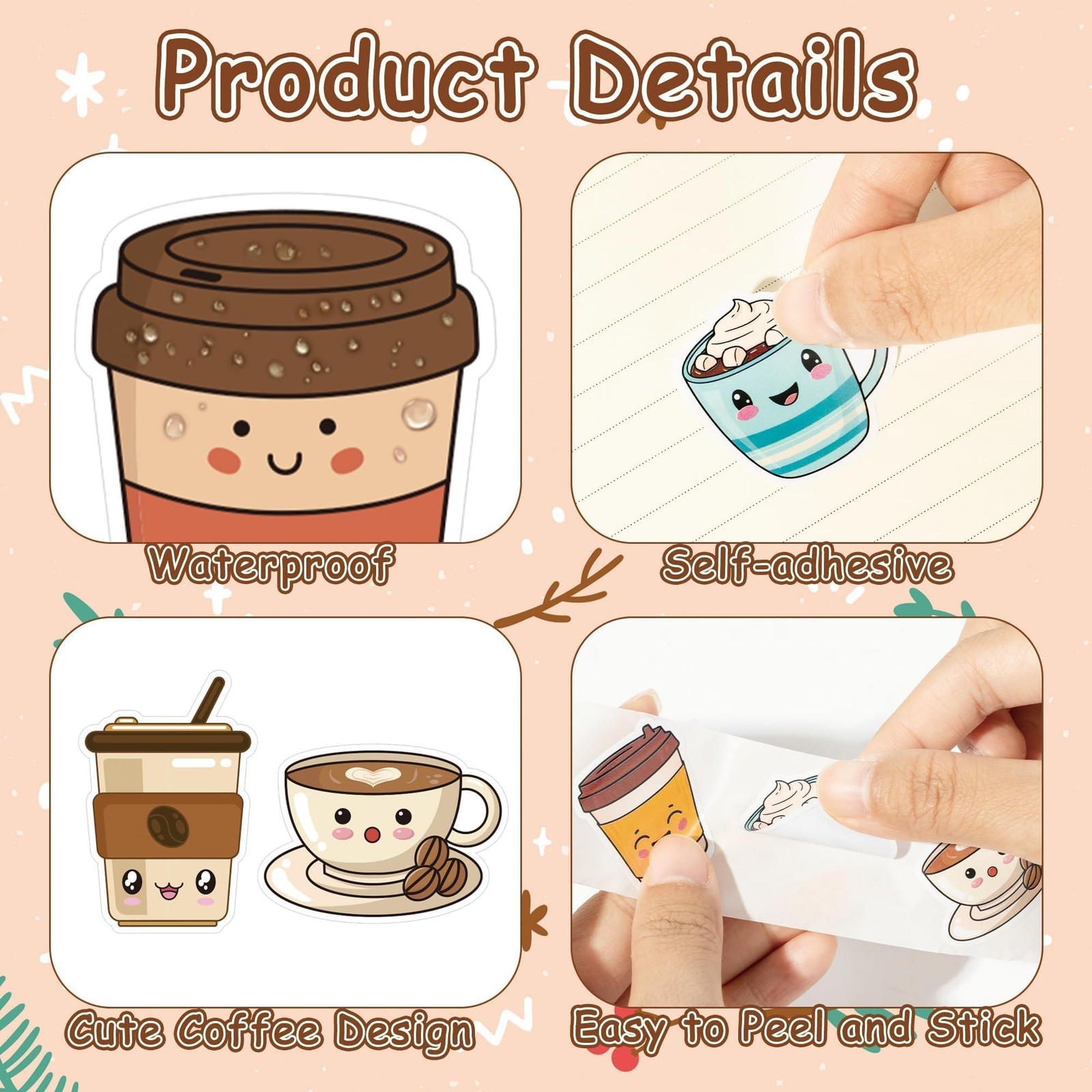 Sticker Set Kopi Haooryx Cute Coffee Sticker Rolls, 1000Pcs Coffee Milk Cup Sticker 2 ...