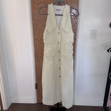 Ganni Pale Yellow Striped Organic Cotton Button From Midi Dress Size 40