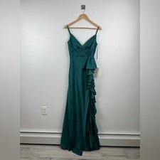 NWT Mac Duggal Satin Ruffled Asymmetrical Maxi Dress Gown Emerald Green Size 4