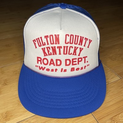 VTG Fulton County Kentucky Road DEPT West Is Best Trucker Snapback Hat 80s Blue
