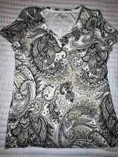 Croft&barrow top medium short sleeve paisley brown grey white 100% cotton