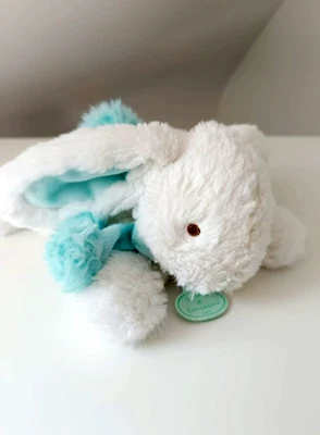 Peluche/Doudou Et Compagnie  Lapin Allongé Blanc Bleu Echarpe Pompon Billes 24cm - Photo 1/4