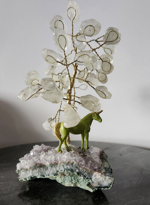 Brazilian White Quartz Gemstone Tree & Unicorn on Amethyst Cluster Crystal Decor
