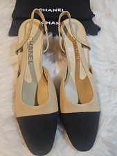 Chanel Two Tone Cap Toe Slingback Classic Pumps Leather Beige EU39 US8.5