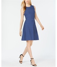 Anne Klein Womens Textured Sweater Fit & Flare Dress, Blue, Large