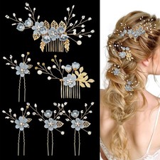 6 Pcs Bridal Hair Accessories French Hair Side Combs and Hair Pins,Gold Weddi...