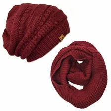 Wrapables Winter Warm Knitted Infinity Scarf and Beanie Hat Set, Burgundy