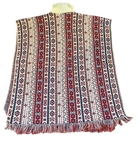 Vintage 70s Scandinavian Hippie Poncho Knit Nordic One Size Tailgate Fringe Rare - Picture 4 of 6