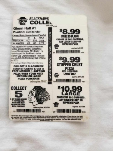 Vintage 1998 Pizza Hut Chicago Blackhawks Legends Glenn Hall #1 HOF Card  - Picture 2 of 2