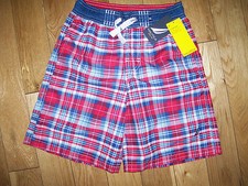 NAUTICA Red White  Blue Plaid Board Shorts Swim Trunks Big Boys 7 NWT 32.00