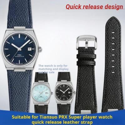12mm Leather Watch Strap for 40mm 1853 Tissot PRX Black Blue Replacement Band