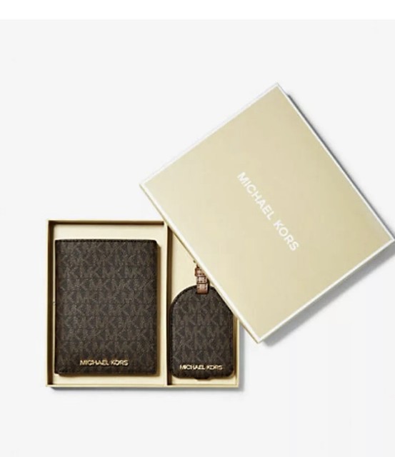 MICHAEL KORS 2pc Travel BOX SET MK Brown logo Saffiano Passport Case Luggage Tag NP10472 MICHAEL KORS 2pc Travel BOX SET MK Brown logo Saffiano Passport Case Luggage Tag NP10472