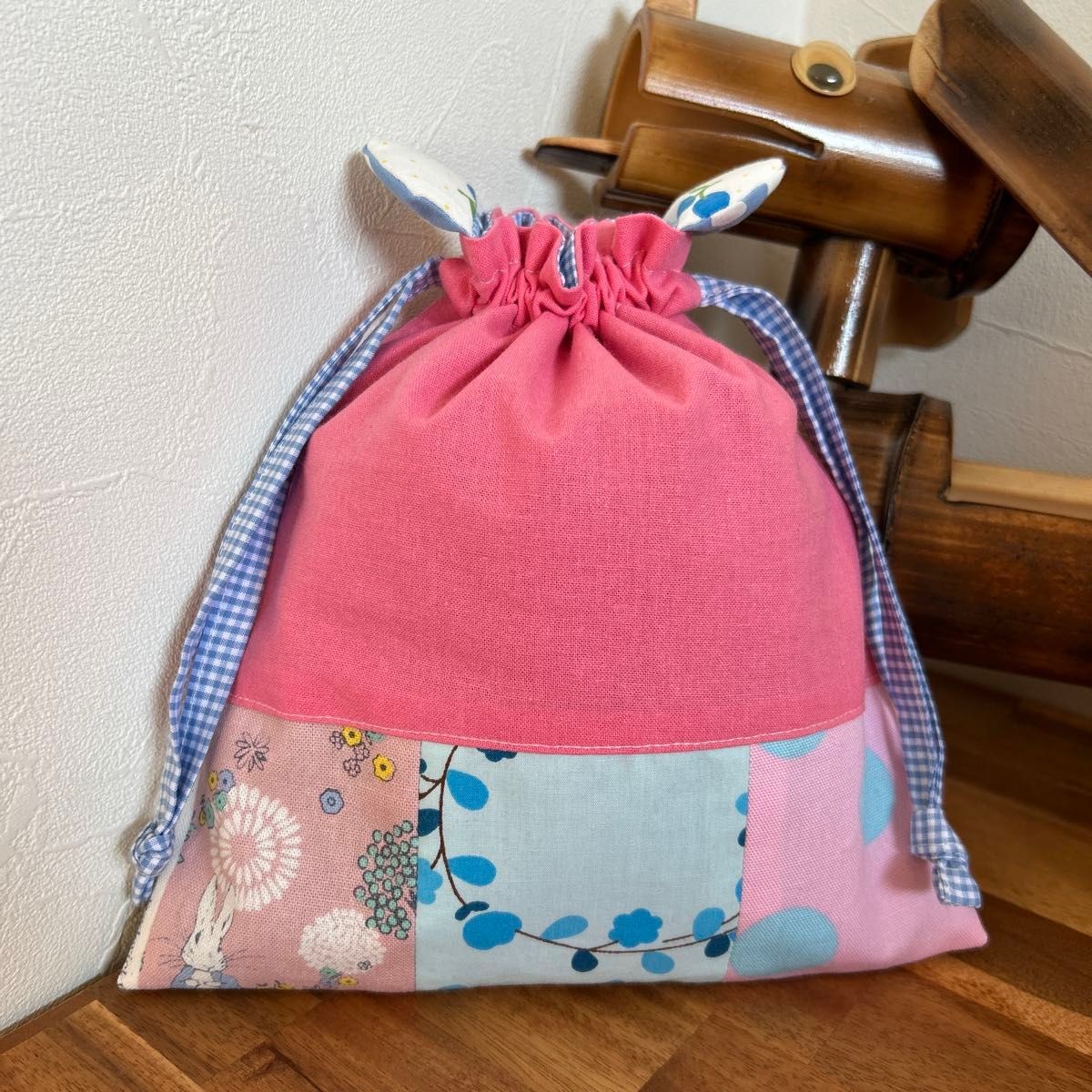 Drawstring Bag Patchwork with Ears Pink Blue Draw… - image 1