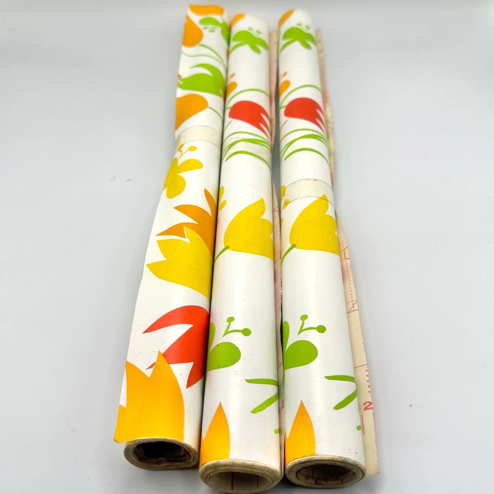 Papel Pintado Vintage MCM 1960 Rollo Flor Tulipanes Amarillo Verde Rojo Naranja Nuevo de Lote Antiguo Foto 2 de 3