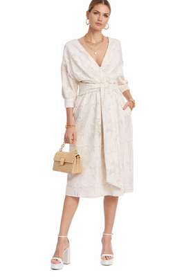 Badgley Mischka Quarter Sleeve Ivory Jacquard Wrap Midi Dress sz 4  Champagne | eBay