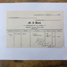 1938 M.L. Buck Insurance Receipt Bloomsburg PA Farmers National Bank Bldg Penn