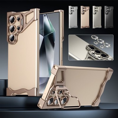 Metal Corner Pad Frameless Case Lens Film Kickstand For Galaxy S25 S24 S23 Ultra