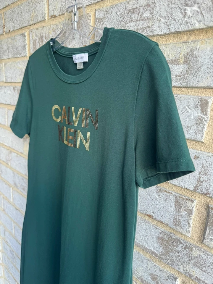 Calvin Klein Short Sleeve Crew Neck Rhinestone Logo Shirt Dress Women's Size S - Image 4 of 4
