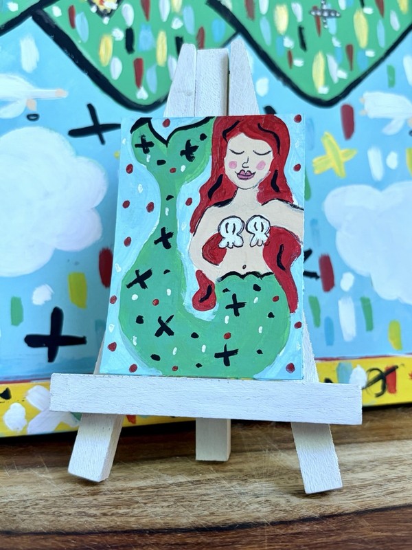 Aceo Art Card Folk Art Original Acrylic Painting Mermaid Early Bird Folk Art Sea