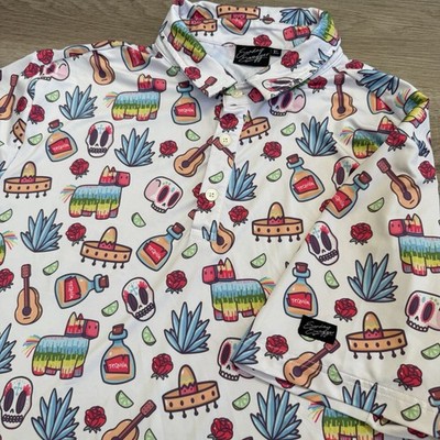 Sunday Swagger Fiesta Tequila Polo Shirt Men s XL Golf All Over Print Rare
