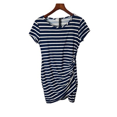 Moa Moa Womens Navy Blue White Striped Ruched Side Tulip Hem Bodycon Dress  L
