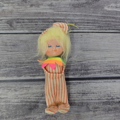 VTG Japan Pixie Elf Ornament 4  Blonde Striped Felt Body Retro Christmas Doll