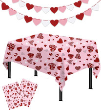 Valentines Day Tablecloth Plastic 54X108 Inch, 2Pack Disposable Pink Heart Table
