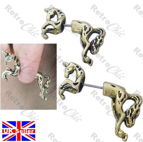 UNICORN HORSE STUD EARRINGS fake ear tunnels vintage brass/gold/enamel fashion - Picture 3 of 9