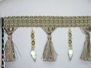 5 Yards -  4.5" Crystal Bead Luxury Tassel Fringe Trim Bronze Gold Light Green