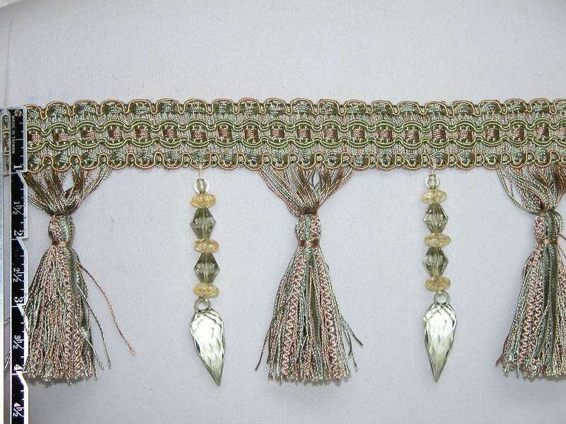 5 Yards -  4.5" Crystal Bead Luxury Tassel Fringe Trim Bronze Gold Light Green