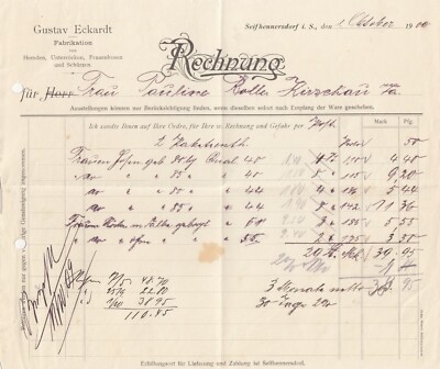 SEIFHENNERSDORF, Rechnung 1909, Gustav Eckardt Hemden-Fabrikation Hosen Schürzen