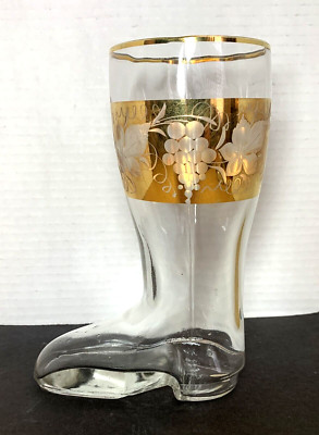 E&A Bockling Glass Boot Beer Stein Etched Grapes Vines Gold Western Germany 7.5''