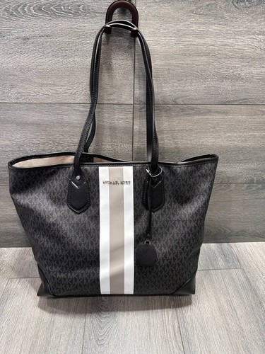 Michael Kors Eva Large Logo Stripe Tote Bag in Black White - Picture 5 of 17