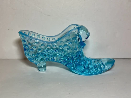 Vintage Fenton Art Glass Slipper Shoe Blue Hobnail Cat Head Collectible Figurine