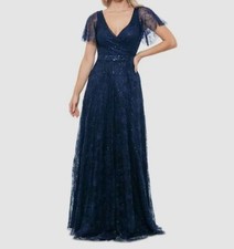 Betsy  Adam Women's Blue V-Neck Short-Sleeve Sequined Lace Dress Sz 4