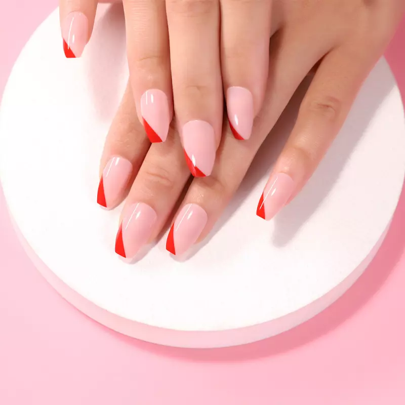 French Red Tips Fake Nails Medium Ballet Coffin Full Cover Press