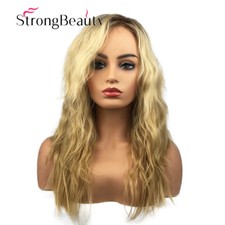 Womens Long Ombre Brown Gold Blonde Curly Wig Synthetic Hair Wigs