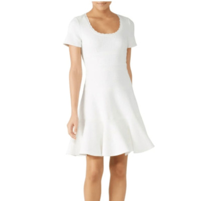 Rebecca Taylor Stretch Texture Scalloped Scoop Neck Dress White Tiered Size 12