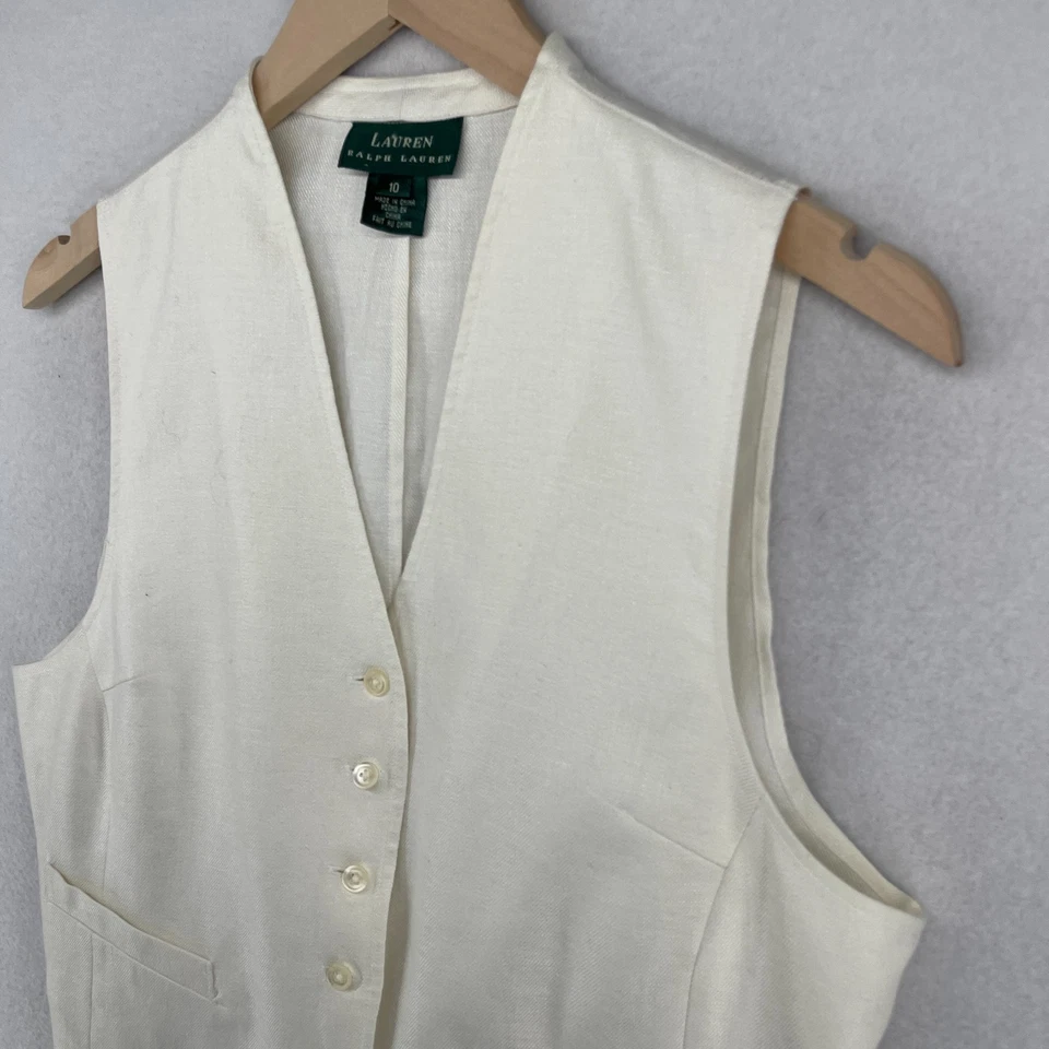 LAUREN RALPH LAUREN Vest Womens 10 Linen Waistcoat Button Front Woven Off White - Image 4 of 4