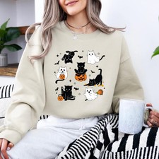 Cute Ghost Black Cats Halloween Sweatshirt Spooky Fall Apparel Top Gift Idea