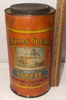 ANTIQUE JACKSON SQUARE COFFEE TIN LITHO 3LB CAN NEW ORLEANS PRESIDENT ANDREW