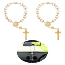 TIESOME 2-Piece Car Rosary, Rearview Mirror Auto Rosary Beads with Cross and Med